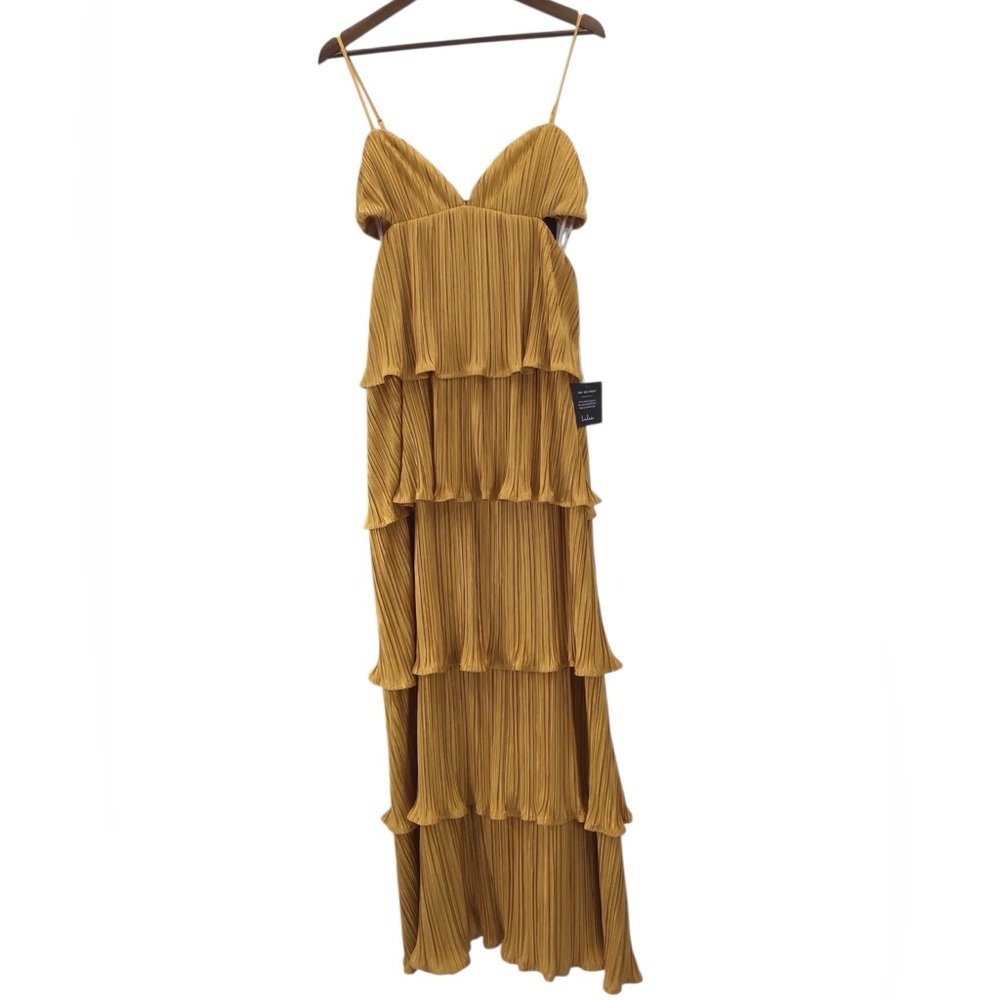 Lulu's Kanya Marigold Yellow Satin Plisse Tiered Maxi Dress - Picture 2 of 16